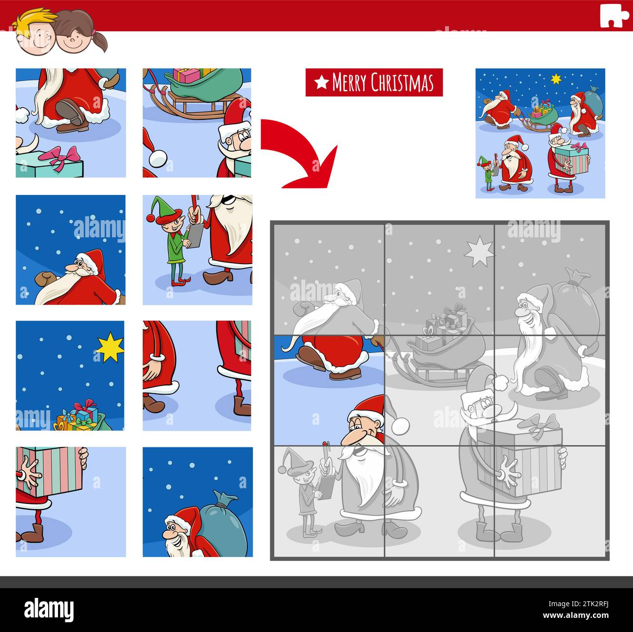 Cartoon illustration of educational jigsaw puzzle game with Santa ...