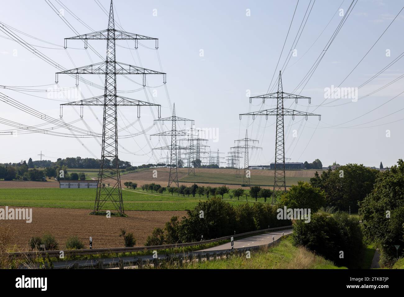 High-voltage overhead power lines near the nuclear power plant in Neckarwestheim Stock Photo