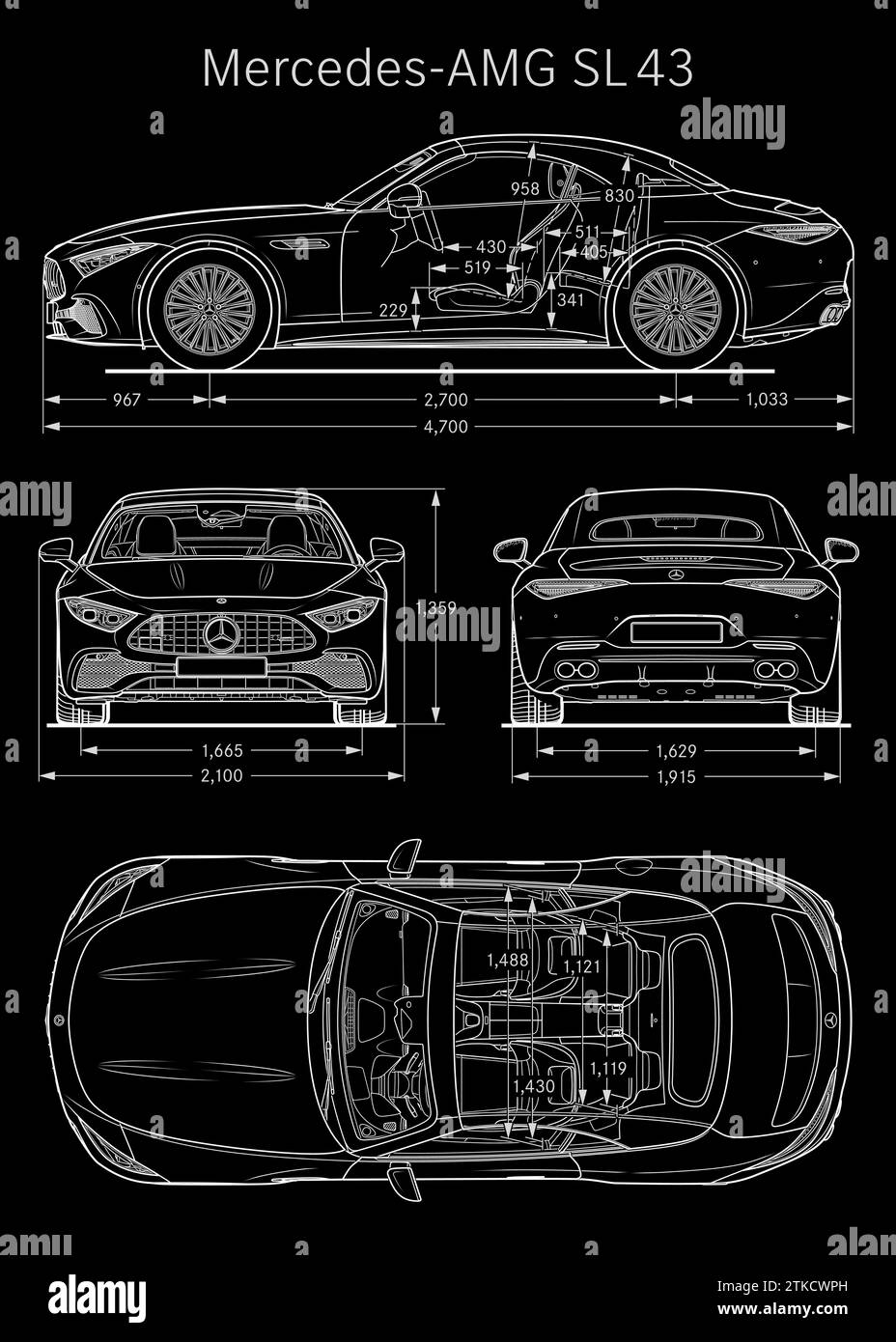 Mercedes AMG SL 43 2023 Car Blueprint Stock Vector