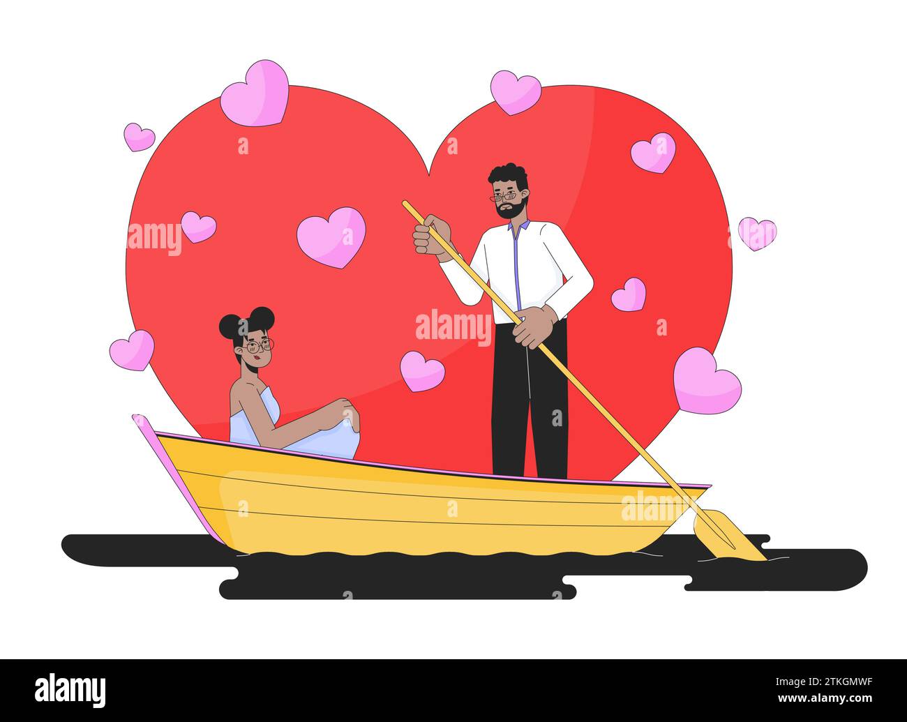 Valentines day on water 2D linear illustration concept Stock Vector