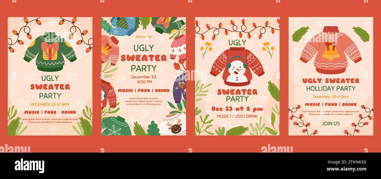 Christmas poster template with copy space, Invitation for Ugly sweater Xmas party. Vertical flyer decorated with plants branches, funny sweaters, ligh Stock Vector