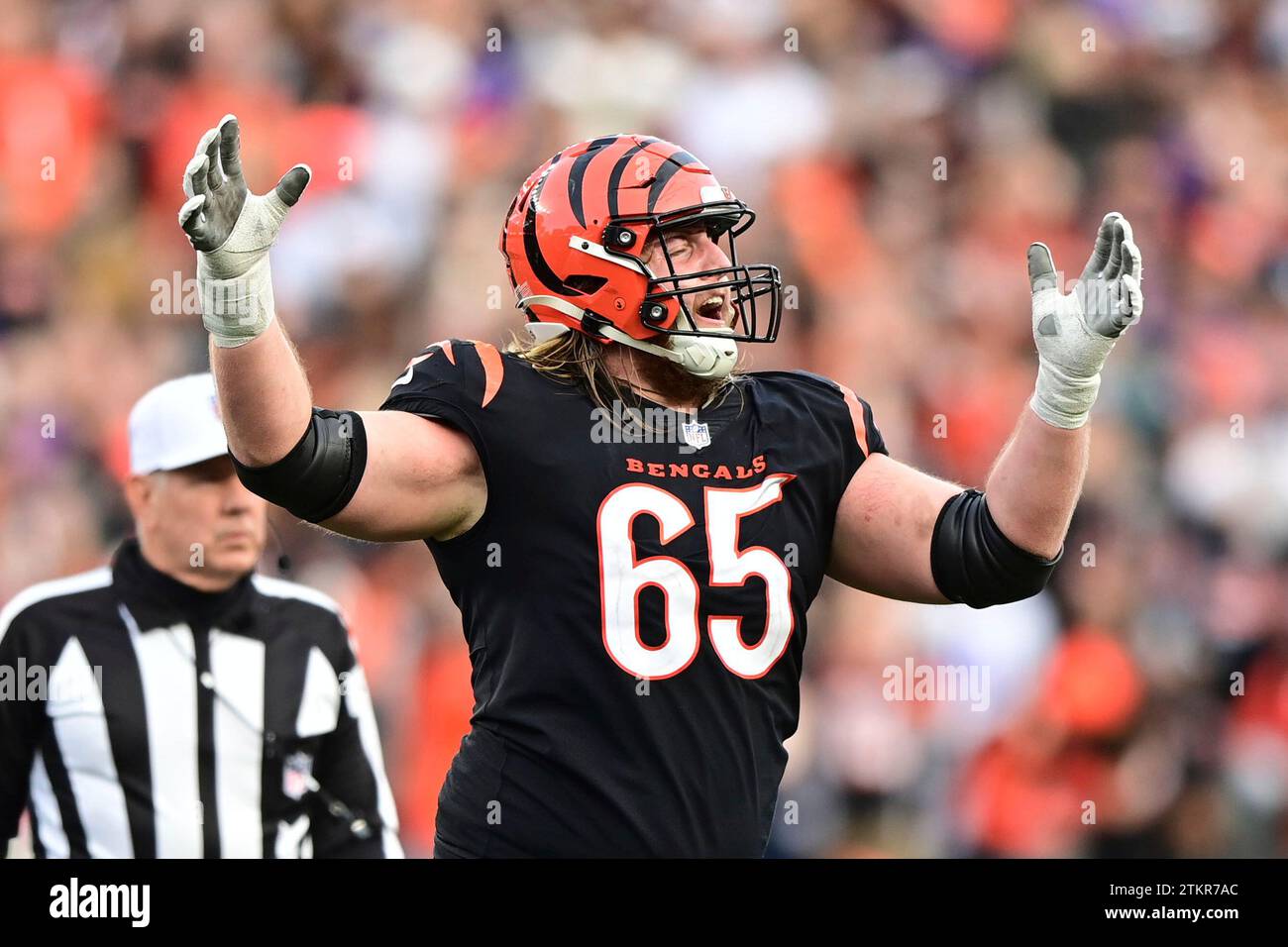Cincinnati Bengals guard Alex Cappa (65) reacts during an NFL football game against the
