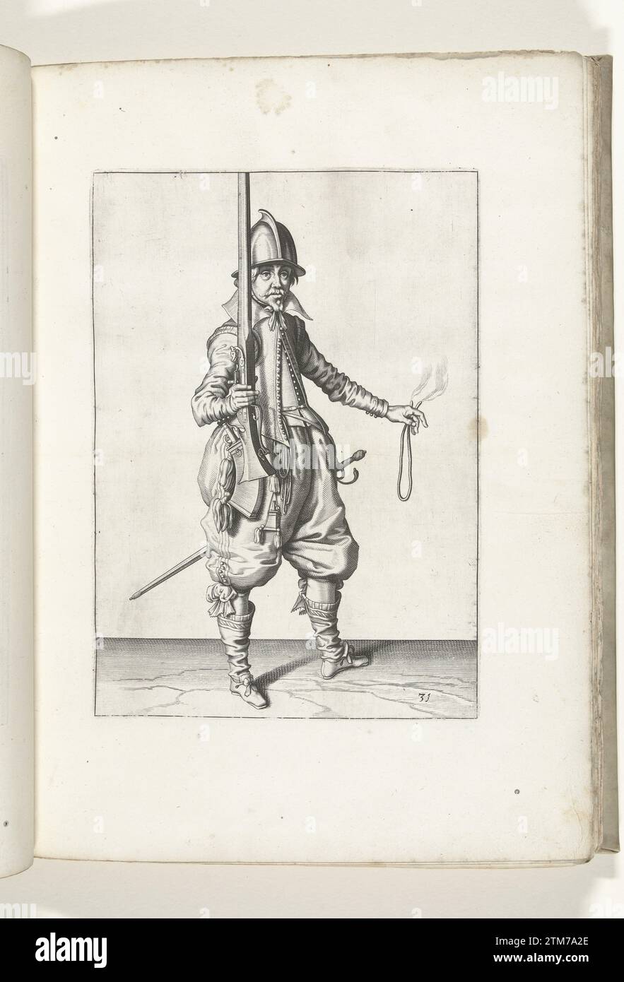 Soldier who holds his rudder with his right hand upright (no. 31), ca. 1600, 1597 - 1607 A soldier, to the right, to the right, who holds a rudder (a certain type of firearm) with his right hand, pointing the course up, before placing the weapon on his left shoulder (no. 31), ca. 1600. left hand a burning wick. Plate 31 in the instructions for handling the rudder: Corte Onderwysinghe on the Figuerliicke image, interested t'rechte Ghebruyck des Roers. Part of the illustrations in: J. de Gheyn, Weapons Handele of Roers Musquetten and Spiessen, The Hague, 1607. War was around 1600. print maker: N Stock Photo