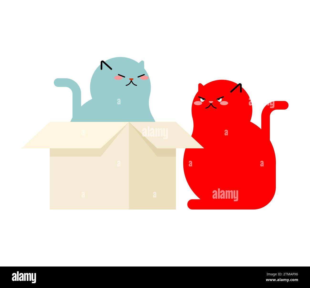 Envy concept cats. Cat in box and an angry cat nearby. Pet in cardboard box. House for cat Stock