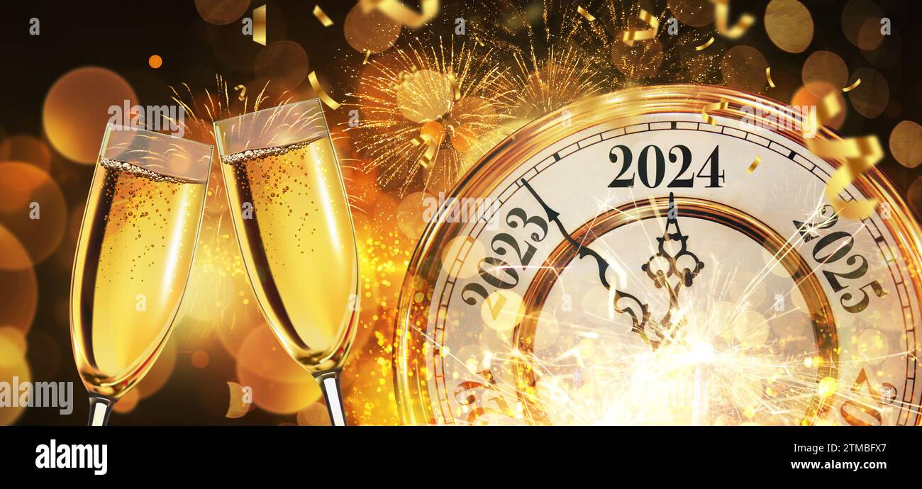 New Year 2024 With Gold Vintage Clock, Champagne, Confetti And Fireworks, Concept. New Year's Eve, Creative Idea Stock Photo