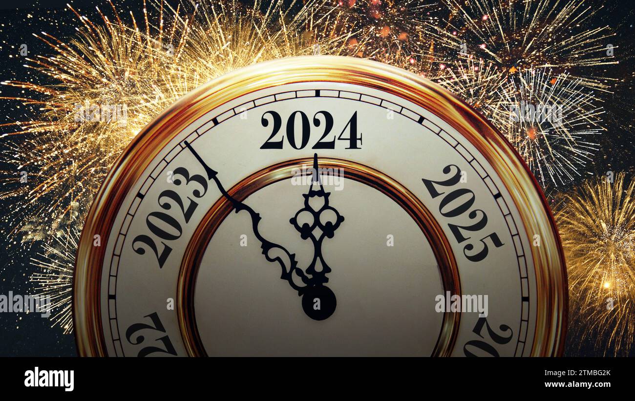 Beautiful Vintage Clock Points To The New Year 2024 With Golden