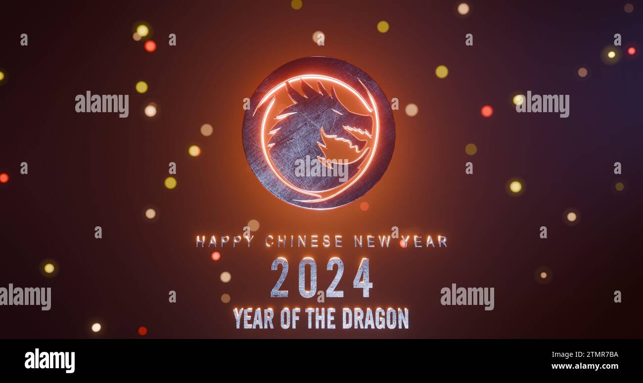 Happy Chinese New Year 2024 Year of the Dragon greeting card. Steel dragon emblem on a festive colorful background. Soft focus, 3D render. Stock Photo