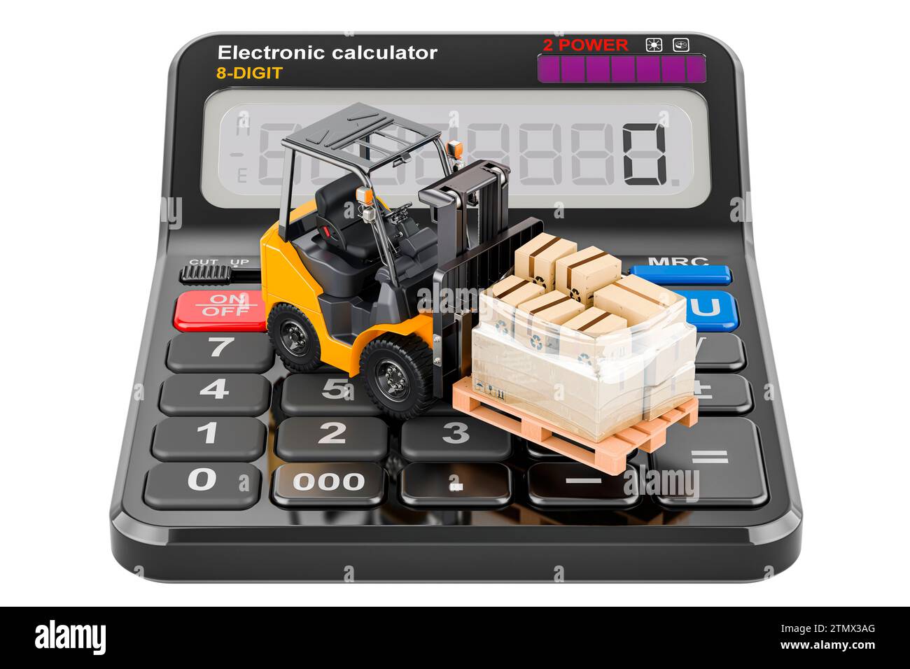 Calculation of shipping, concept. Forklift truck with parcels on