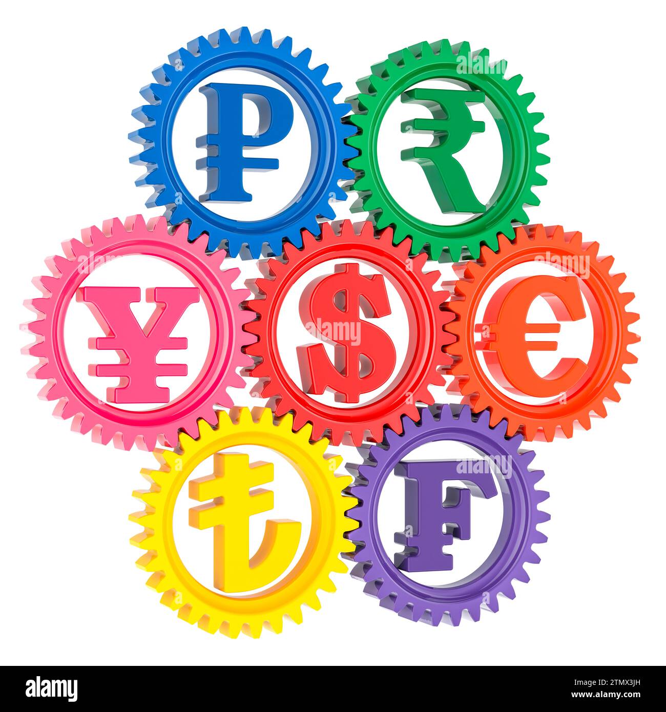 Currency gears, conversion and exchange of currencies, concept. 3D