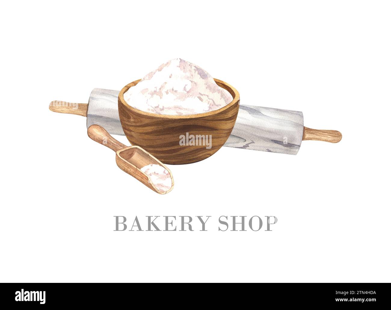 Wooden bowl with wheat flour, wooden scoop and rolling pin. Watercolor