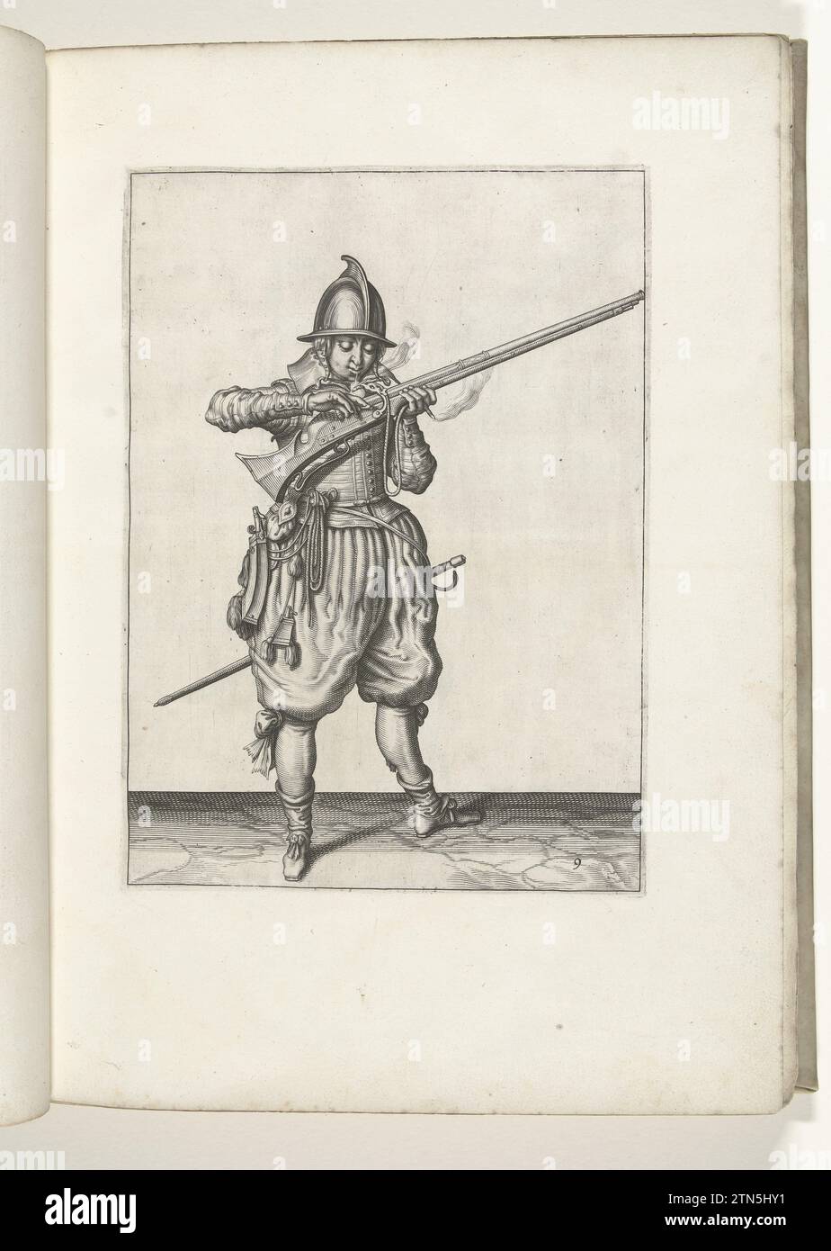 Soldier who blows the wick and covers the pan with his fingers (no. 9), ca. 1600, 1597 - 1607 A soldier, to the right, to the right, holding a rudder (a certain type of firearm) with his left hand (no. 9), ca. 1600. He brings the rudder to his mouth to blow the wick, with two fingers He covers the pan against sparks. Plate 9 in the instructions for handling the rudder: Corte Onderwysinghe on the Figuerliicke image, interested t'rechte Ghebruyck des Roers. Part of the illustrations in: J. de Gheyn, Weapons Handele of Roers Musquetten and Spiessen, The Hague, 1607. War was around 1600. print mak Stock Photo