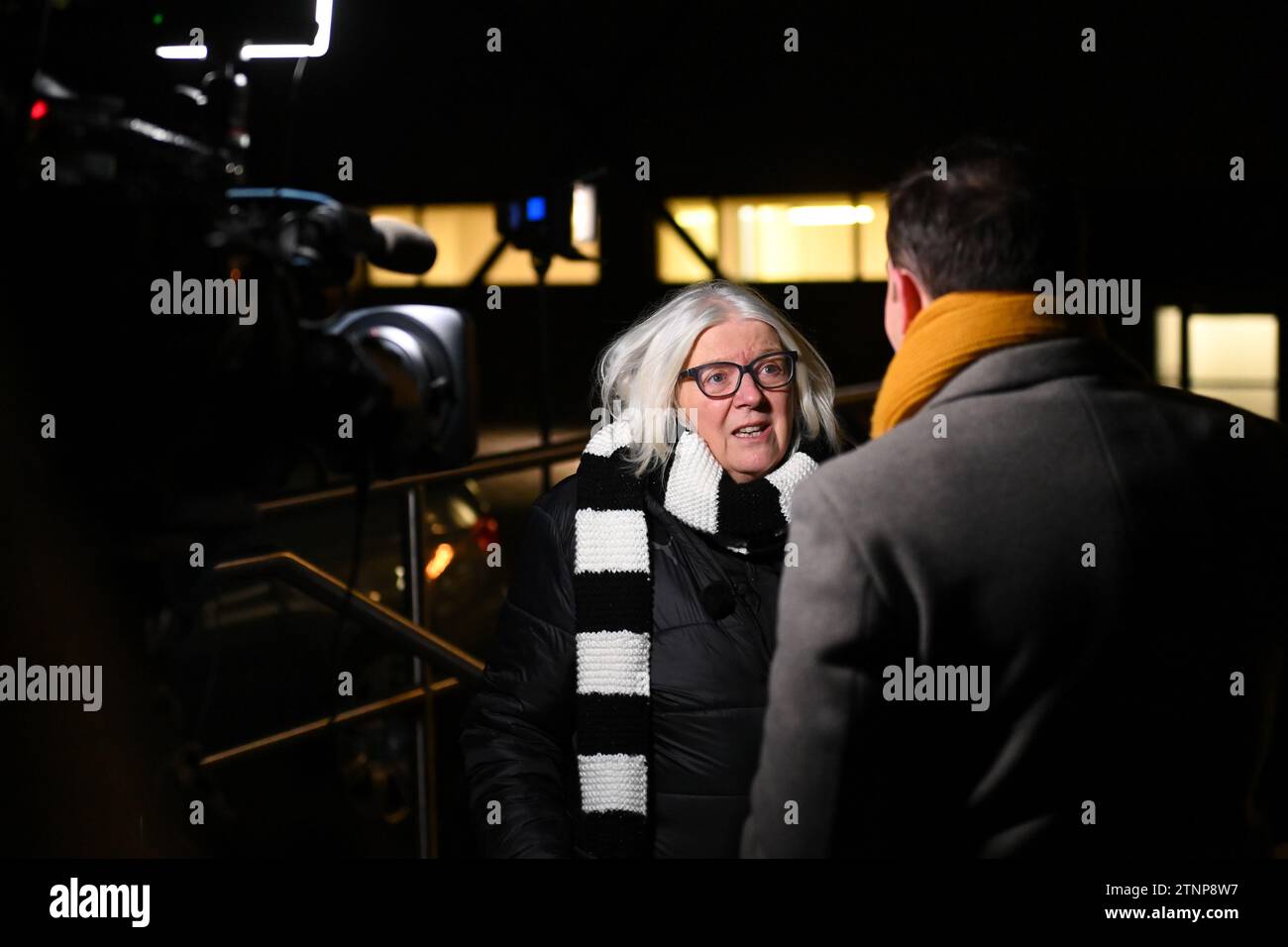 Burslem, UK, 19th December 2023. Port Vale owner Carol Shanahan is pictured being interviewed by a Television Channel ahead of the team's Carabao Cup Quarter Final tie at home to Middlesbrough. Credit: TeeGeePix/Alamy Live News Stock Photo