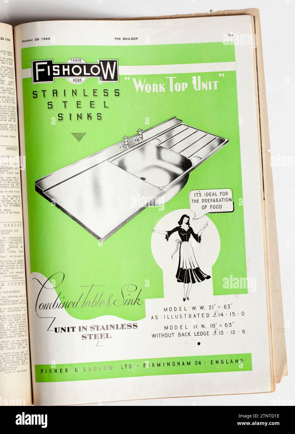 Advertising from a copy of 1940s The Builder Magazine ; Fisholow Stainless Steel Sinks Stock Photo