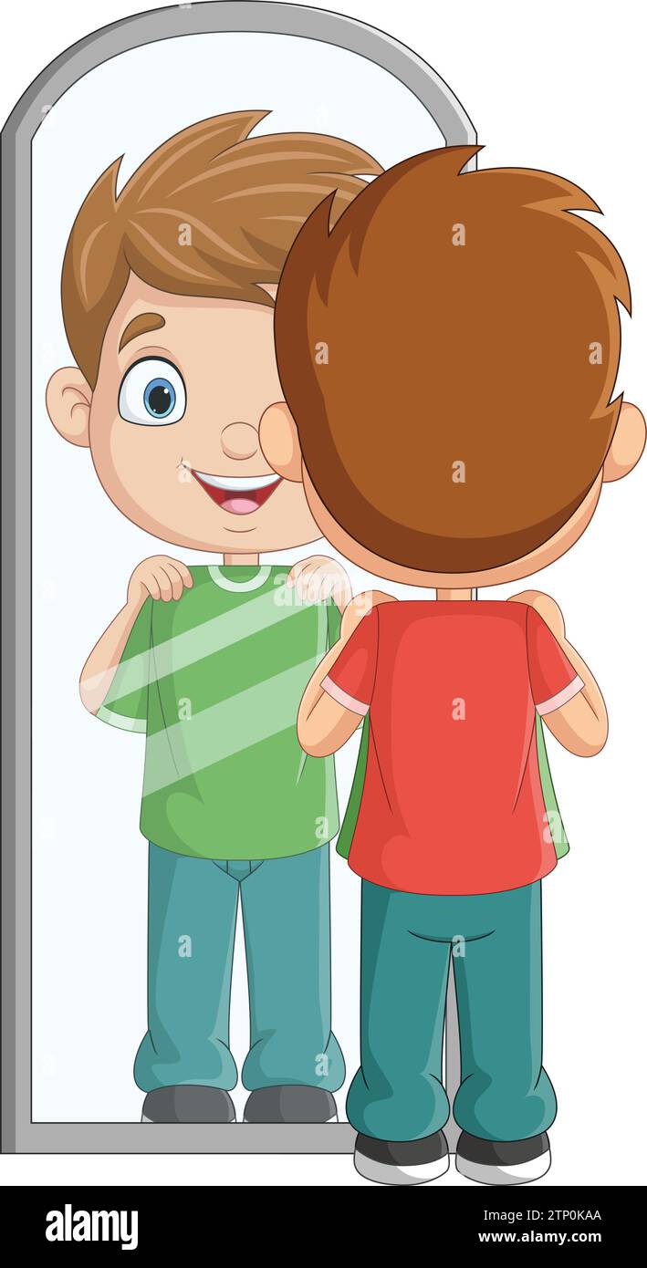 Cartoon little boy looking at the mirror with his outfit Stock Vector