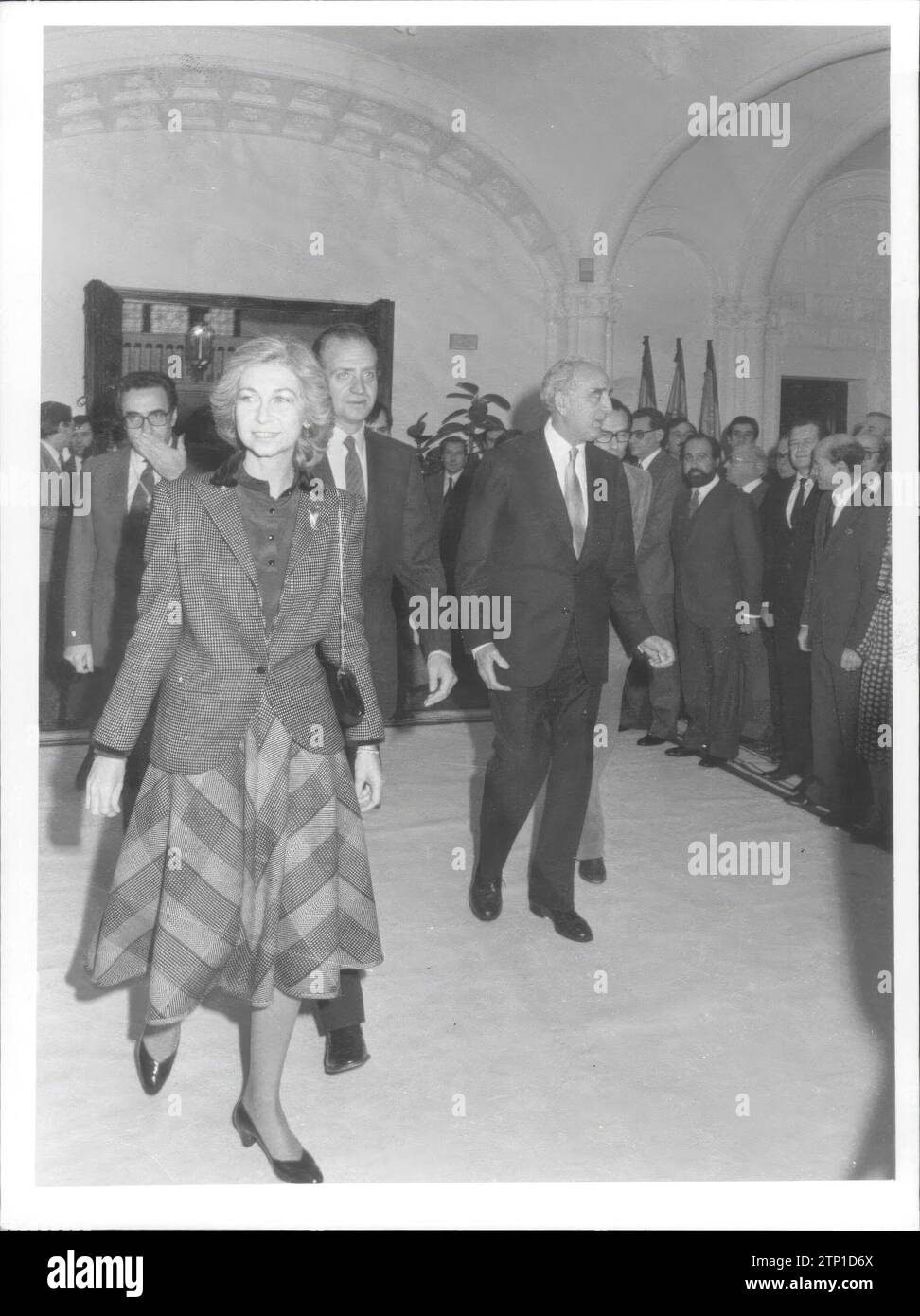 Madrid, 12/19/1983.- The Kings inaugurated the headquarters of the Ombudsman, whose owner was Joaquín Ruiz Giménez. Credit: Album / Archivo ABC Stock Photo