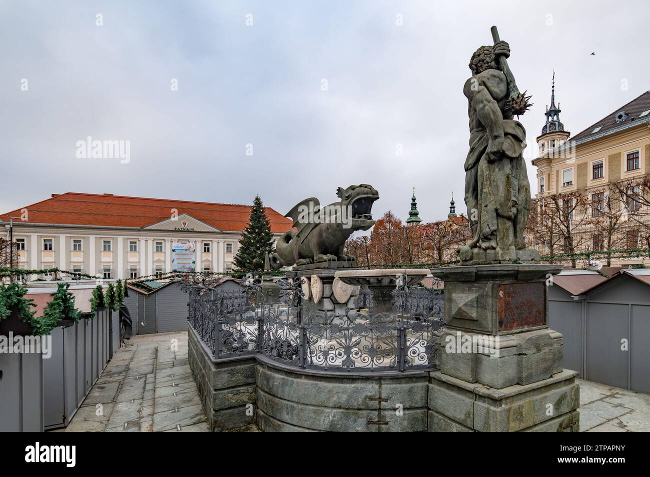 Klagenfurt, Austria (16th December 2023) - The antique fountain with the drake in Neuer Platz square Stock Photo