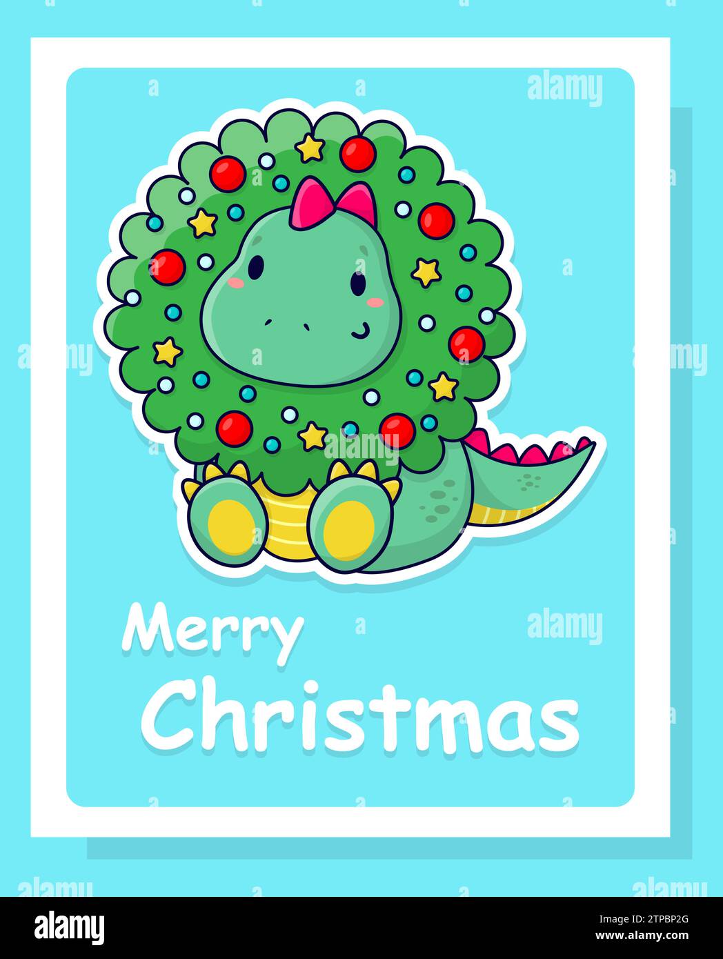 Cute cartoon dinosaur and Christmas wreath. Flat illustration. Vector ...