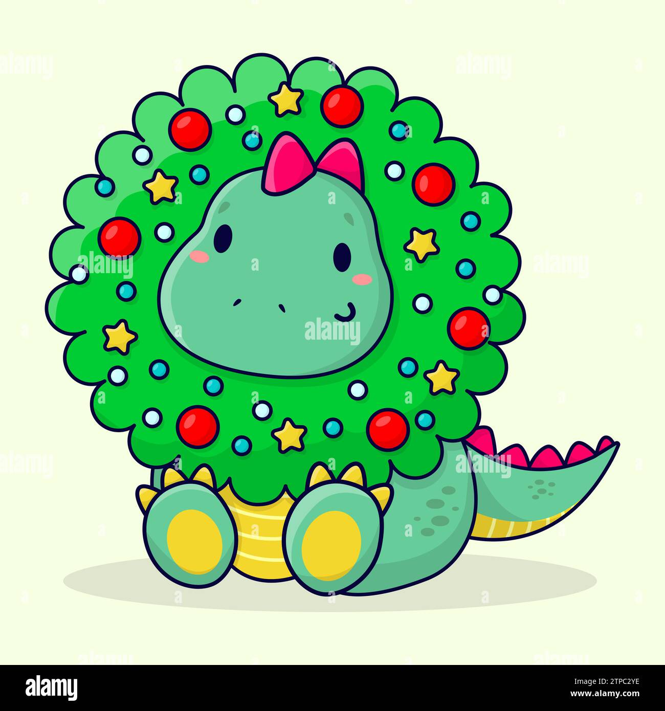 Cute cartoon dinosaur and Christmas wreath. Flat vector illustration ...
