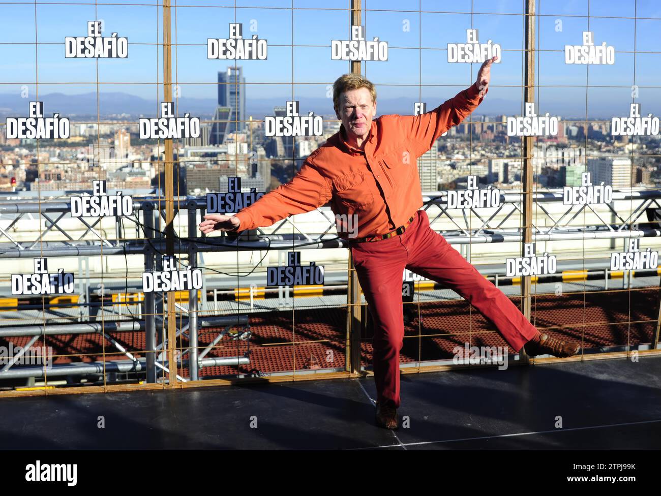 Madrid, 12/09/2015. The French tightrope walker Philippe Petit has posed on the roof of the Picasso Tower to present the film 'The Challenge'. Photo: De San Bernardo ARCHDC. Credit: Album / Archivo ABC / Eduardo San Bernardo Stock Photo