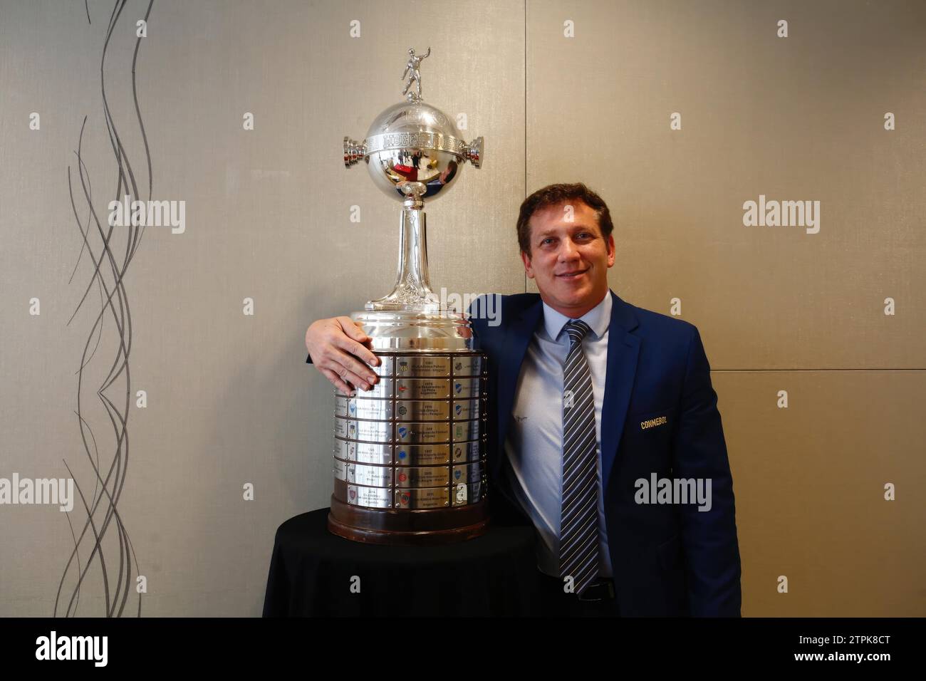 Madrid, 12/08/2018. Interview with Alejandro Domínguez president of CONMEBOL. In the image, with the Copa Libertadores trophy. Photo: Guillermo Navarro ARCHDC. Credit: Album / Archivo ABC / Guillermo Navarro Stock Photo