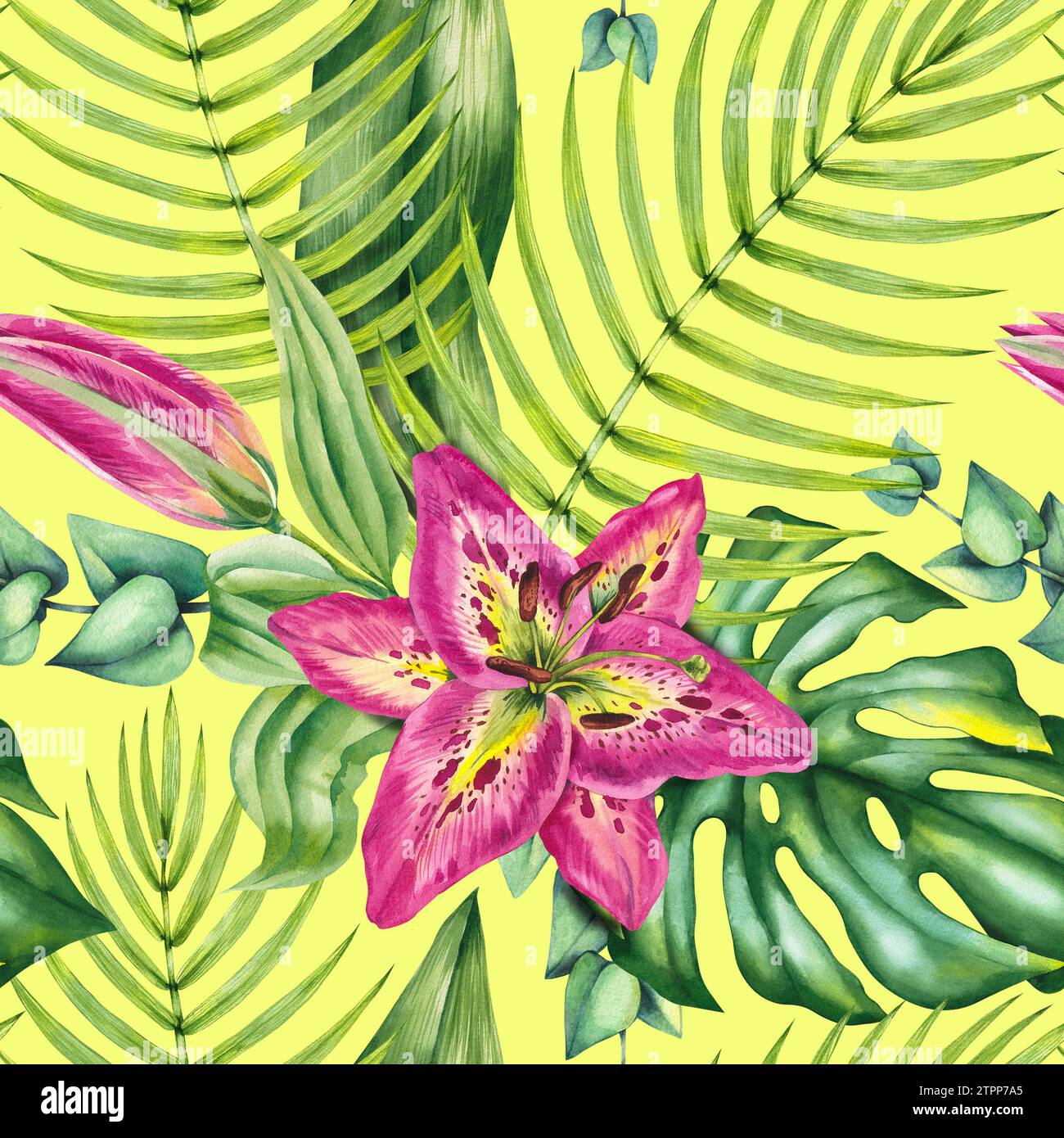 Watercolor tropical bouquet pattern. Tropical leaves and lilies bouquet pattern. Hand drawn plants for the design of cards, bouquets, textiles, fabric Stock Photo