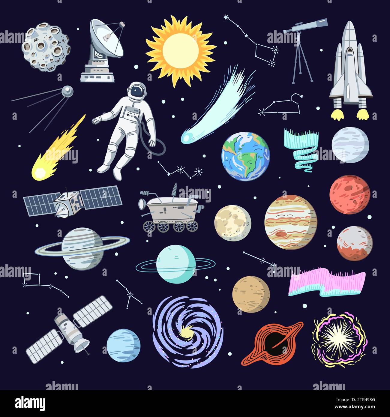Big set of space elements, planets, rocket, satellites and telescope. Hand-drawn clip art elements. Vector graphic. Stock Vector