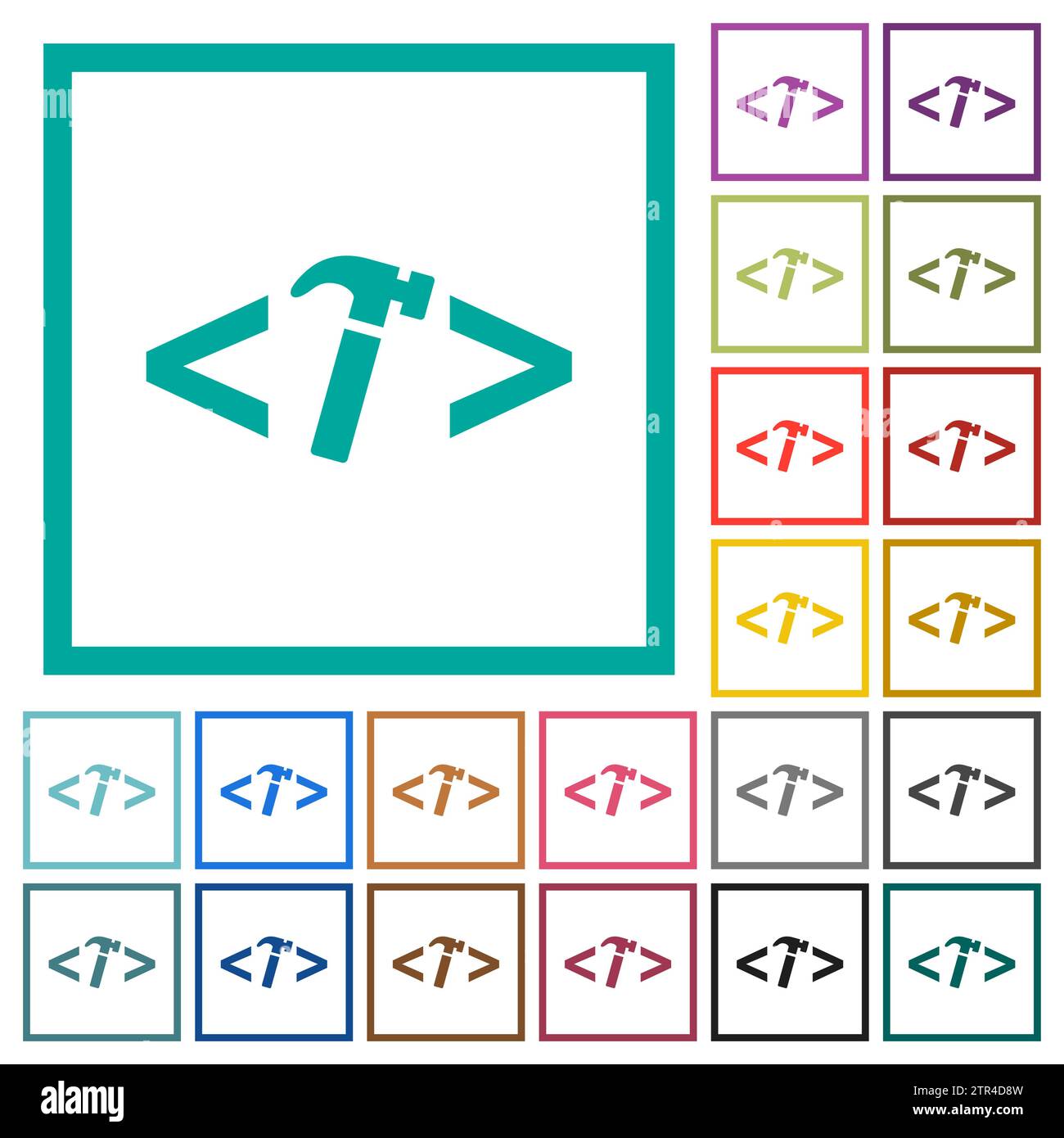 Web development with hammer flat color icons with quadrant frames on white background Stock Vector
