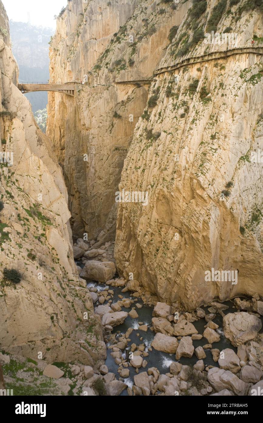 Gitanes Gorge (Málaga), 3/23/2015. The gorge runs between the municipalities of Ardales, Álora and Antequera, next to the village and the El Chorro reservoir. There is a three-kilometer-long path that was built for maintenance workers to access the El Chorro reservoir, hanging from the walls of the gorge. King Alfonso XIII visited it in 1921 and since then it began to be known as Caminito del Rey, recently restored. Credit: Album / Archivo ABC / Raúl Doblado Stock Photo