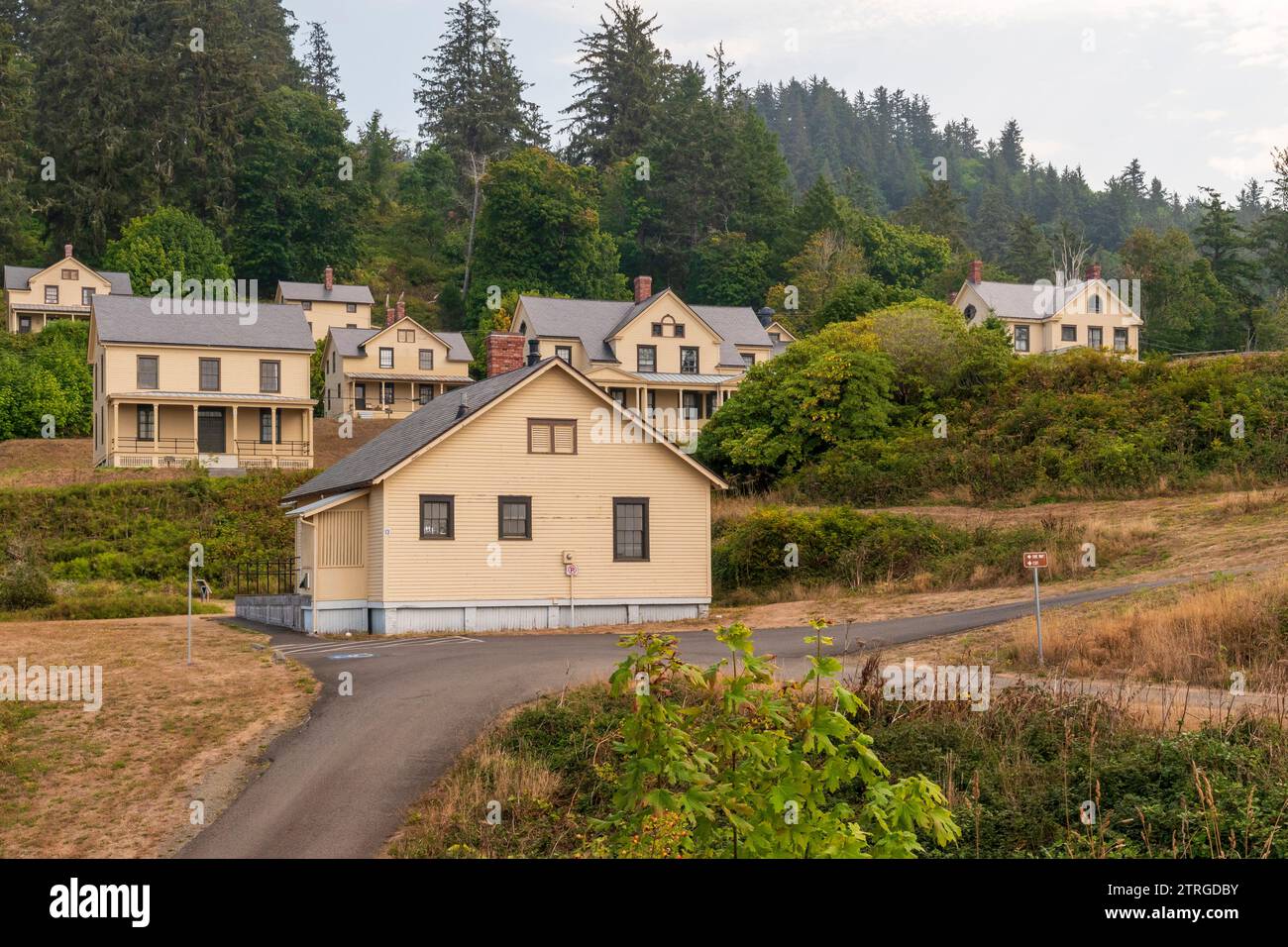 Horizontal photo of several historic buildings at Fort Columbia State Park in Pacific County, Washington State, USA. Stock Photo