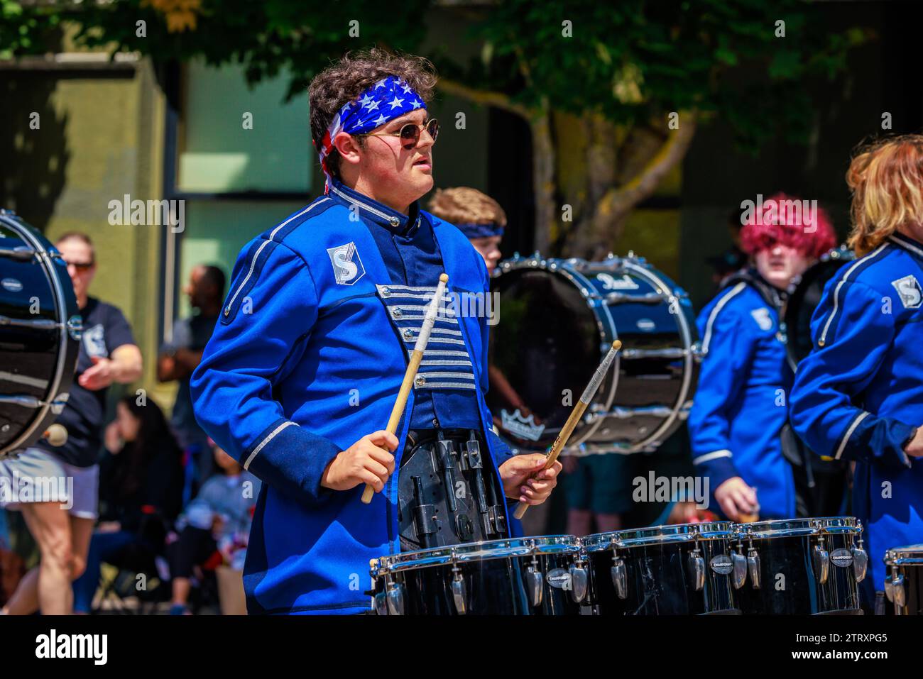 Portland, Oregon, USA - June 10, 2023: Skyview High School Band in the Grand Floral Parade, during Portland Rose Festival 2023. Stock Photo