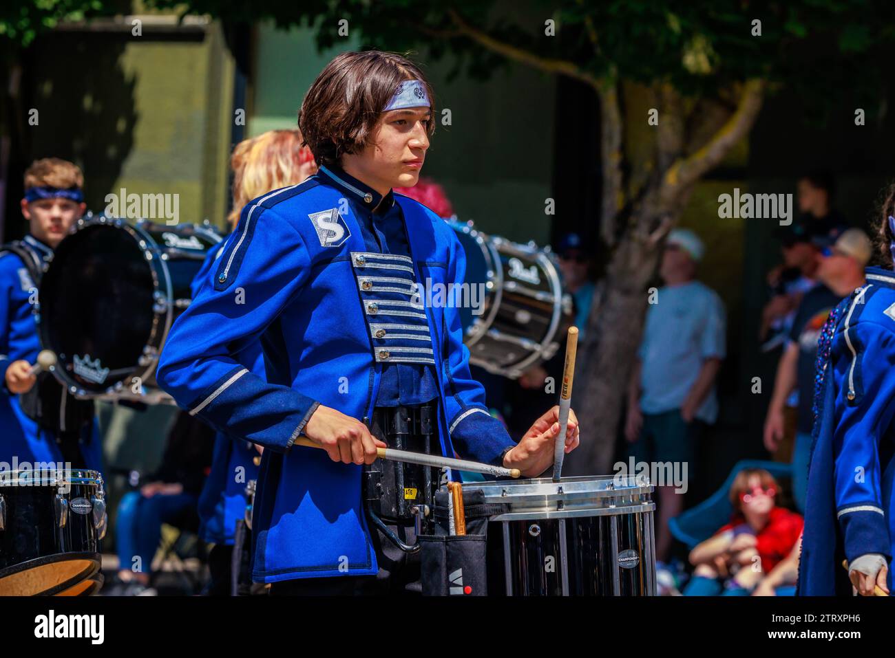 Portland, Oregon, USA - June 10, 2023: Skyview High School Band in the Grand Floral Parade, during Portland Rose Festival 2023. Stock Photo