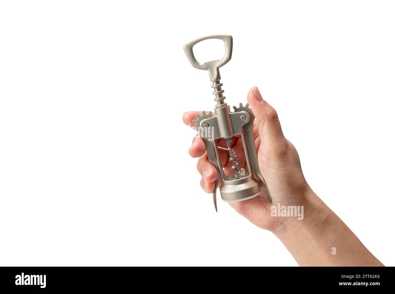 Man hand holding a corkscrew isolated on a white background Stock Photo