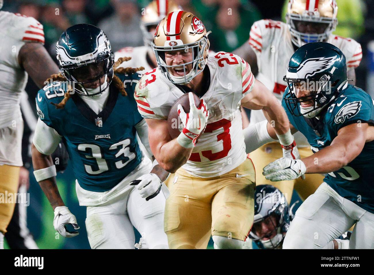 Philadelphia, United States. 03rd Dec, 2023. San Francisco 49ers running back Christian McCaffrey (23) is followed by Philadelphia Eagles cornerback Bradley Roby (33) and offensive tackle Jack Driscoll (63) during the second half of NFL action at Lincoln Financial Field in Philadelphia on Sunday, December 3, 2023. Photo by Laurence Kesterson/UPI Credit: UPI/Alamy Live News Stock Photo
