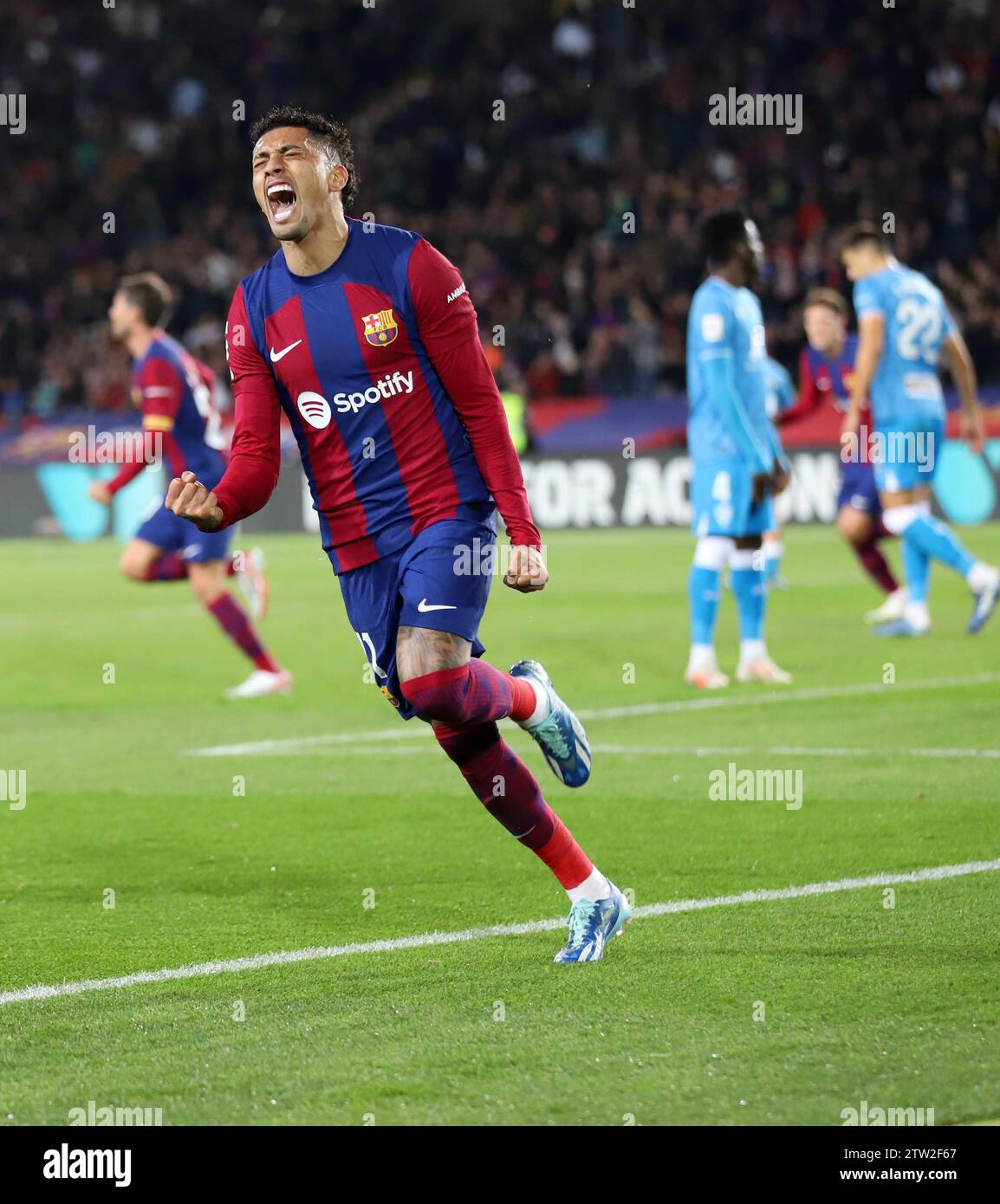 Sabadell, Barcelona, Spain. 20th Dec, 2023. RAPHINHA (FC Barcelona) celebrates after scoring his team's first goal during the La Liga EA Sports between FC Barcelona and UD Almeria at Estadi Olimpic Lluis Companys. (Credit Image: © Xavi Urgeles/ZUMA Press Wire) EDITORIAL USAGE ONLY! Not for Commercial USAGE! Stock Photo