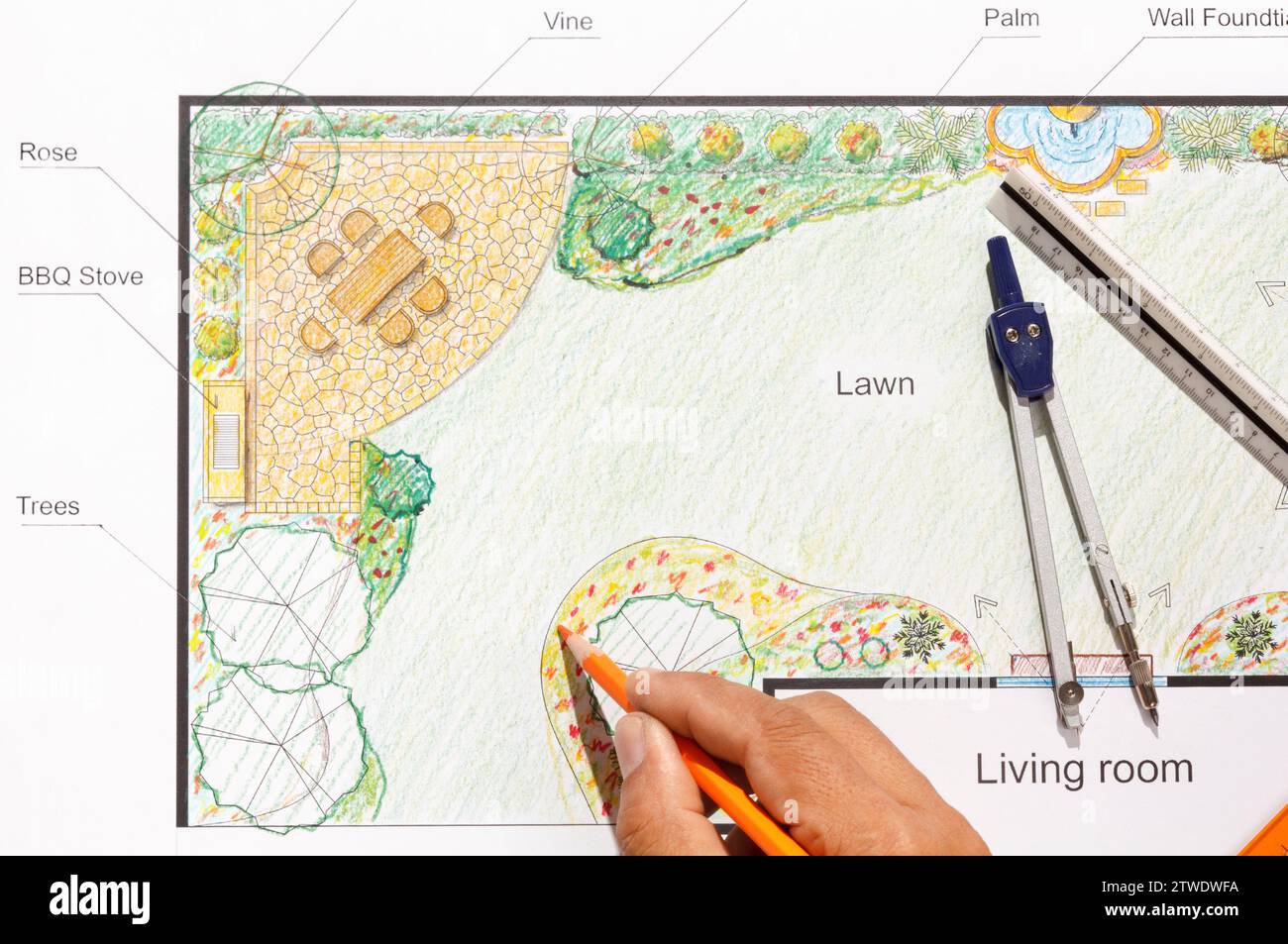 Landscape architect design garden plan Stock Photo - Alamy