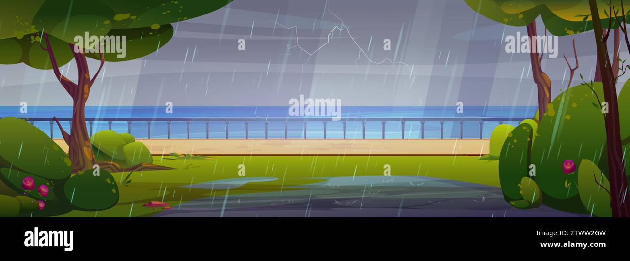 Cartoon storm and rain landscape with sea or river skyline and city park on waterfront street with puddles on green grass and trees, pathway and handrail, under falling rainy drops and lightning. Stock Vector