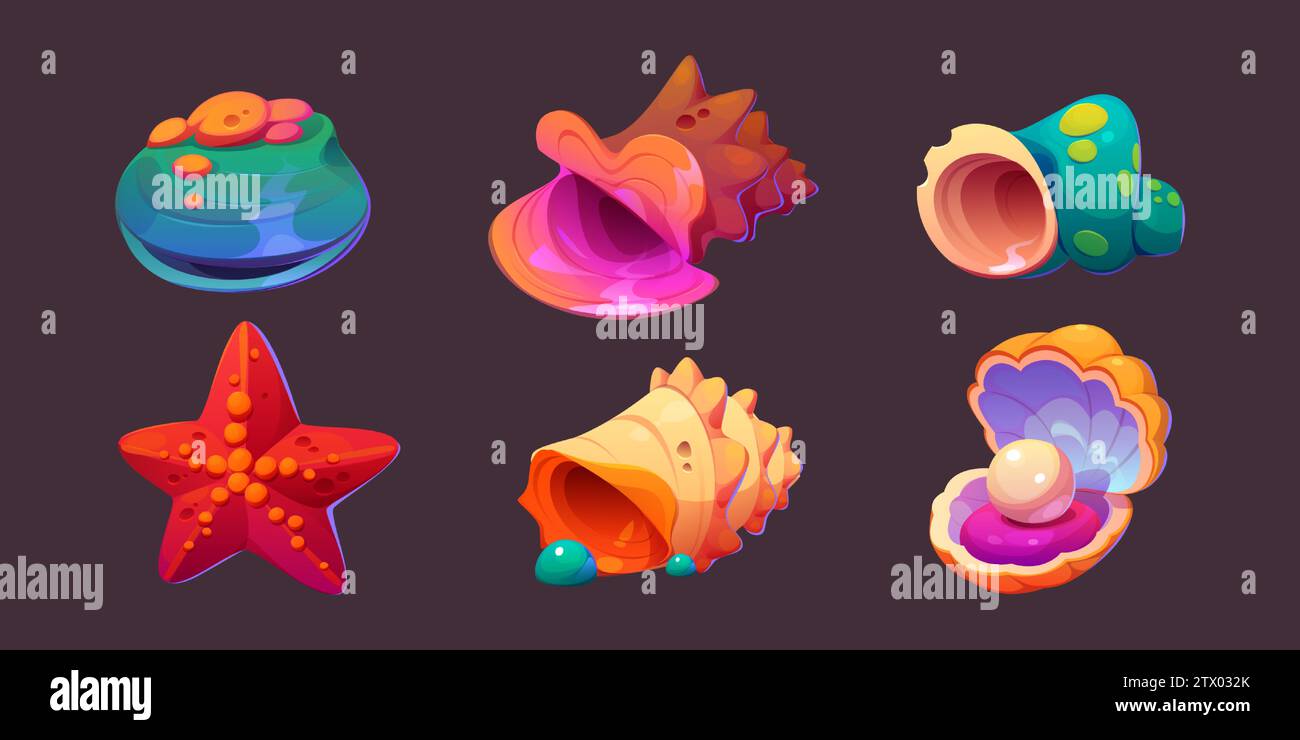 Sea shell and conch, starfish and pearl in clam game icons. Cartoon vector illustration set of marine underwater seashell for game ui design. Bright nautical or aquarium horned, spiral and scallop. Stock Vector