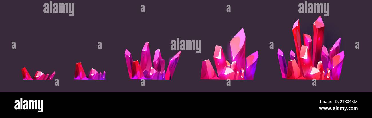 Clusters of pink shining gemstone crystals for game level rank ui design. Cartoon rpg assets of growing pile of bright diamond raw material rocks. Vector illustration of mining treasure and jewel. Stock Vector