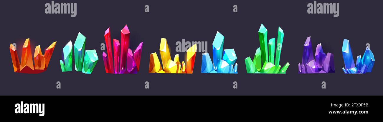 Clusters of colorful gemstone crystals sticking out of ground. Cartoon game assets of bright glowing diamond raw material rocks. Vector illustration set of mining glass treasure and jewel stones. Stock Vector