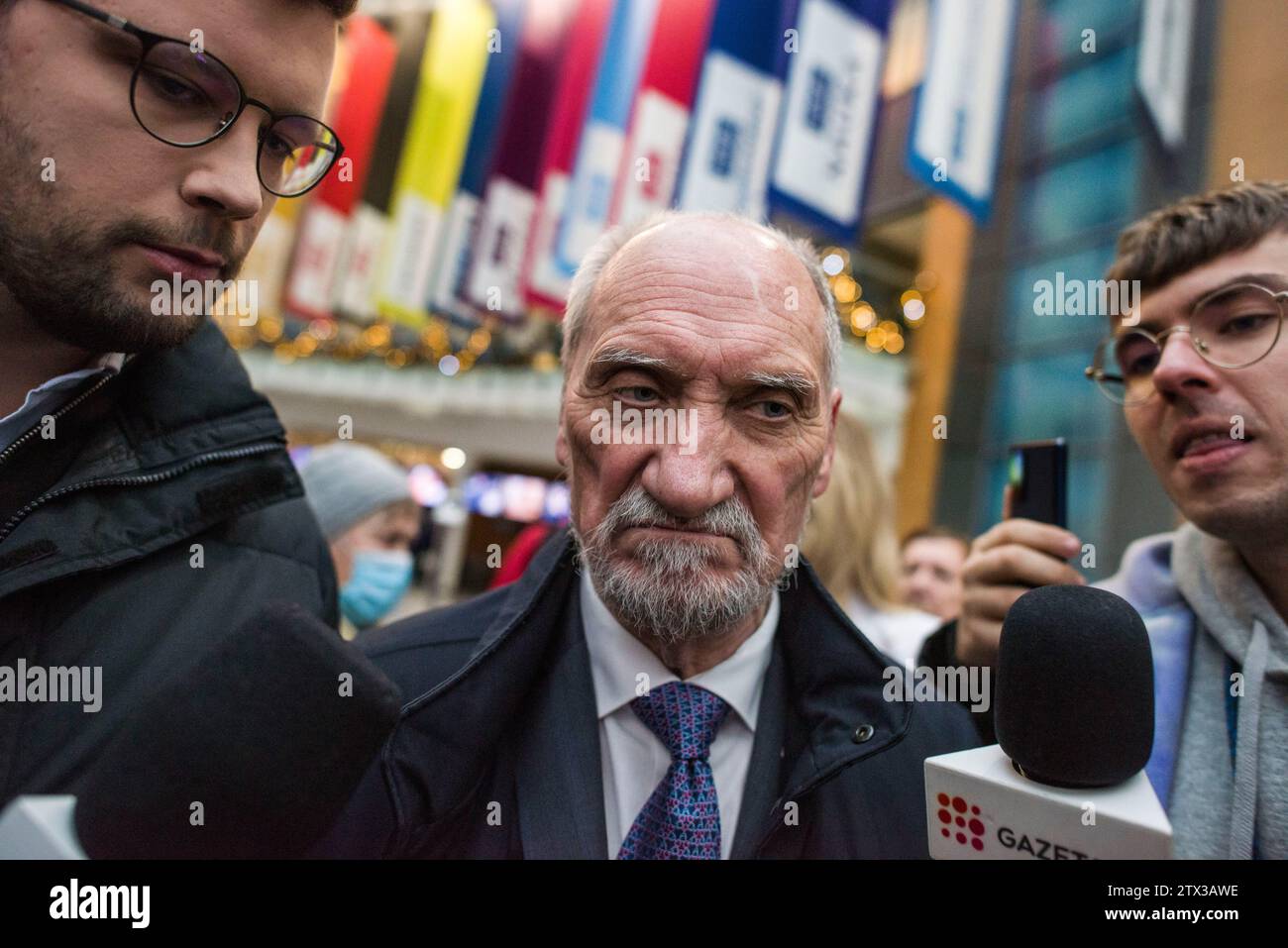Antoni Macierewicz, member of parliament and the Law and Justice party (PiS) speaks to the press during a sit-in protest at the headquarters of TVP state TV. Poland's new pro-European Union government said Wednesday that it had changed the directors of state television in Poland known as TVP, radio and the government-run news agency as it embarked on the path of freeing publicly-owned media from the political control of the previous nationalist conservative administration. The Cabinet of Prime Minister Donald Tusk, which took office last week, has made it a priority to restore objectivity and Stock Photo