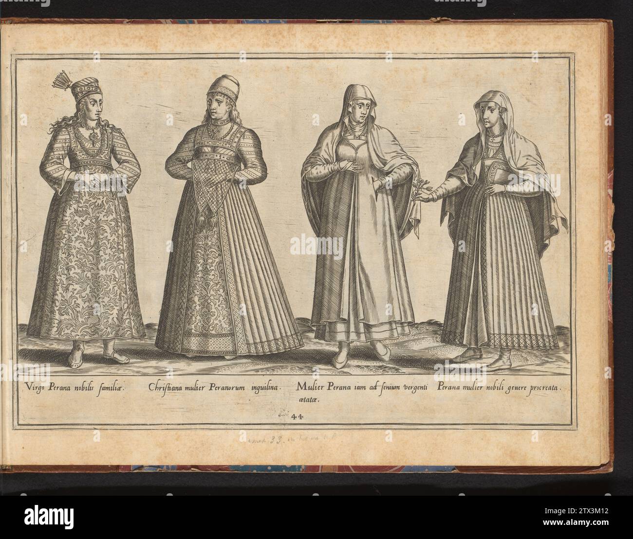 Four Persian women, dressed according to the fashion of approx. 1580, in or before 1581 Prent shipped Het Boek 'all the near Europe, Asia, Aphric and America nations attitude ...', 1581. The Prent Maakt deel shipped van een album.  paper engraving Prent shipped Het Boek 'all the near Europe, Asia, Aphric and America nations attitude ...', 1581. The Prent Maakt deel shipped van een album.  paper engraving Stock Photo