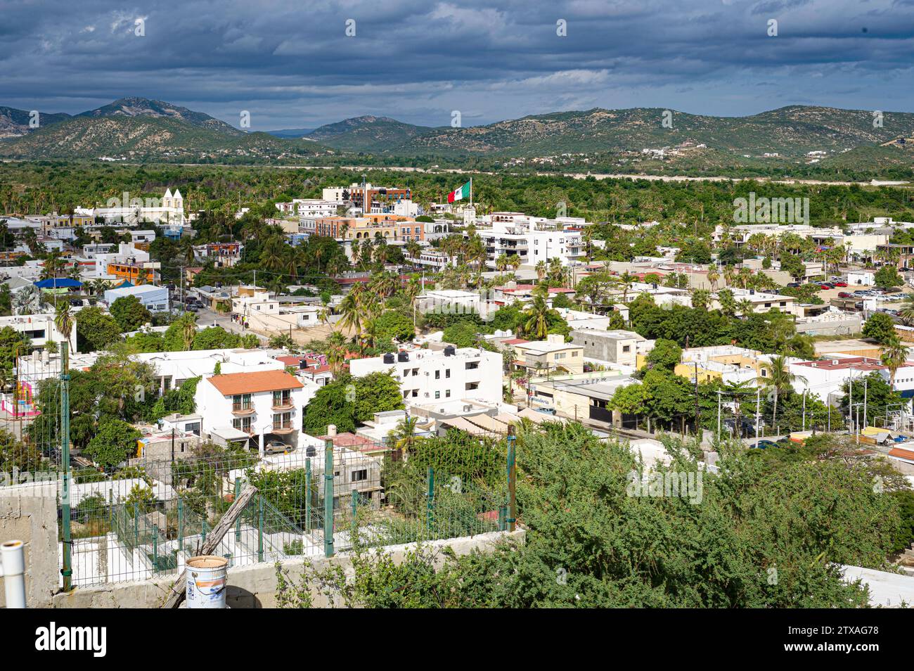 Panoramic vista looking down on old San Jose del Cabo with Mexican flag taken from 1 de Mayo Park. Stock Photo
