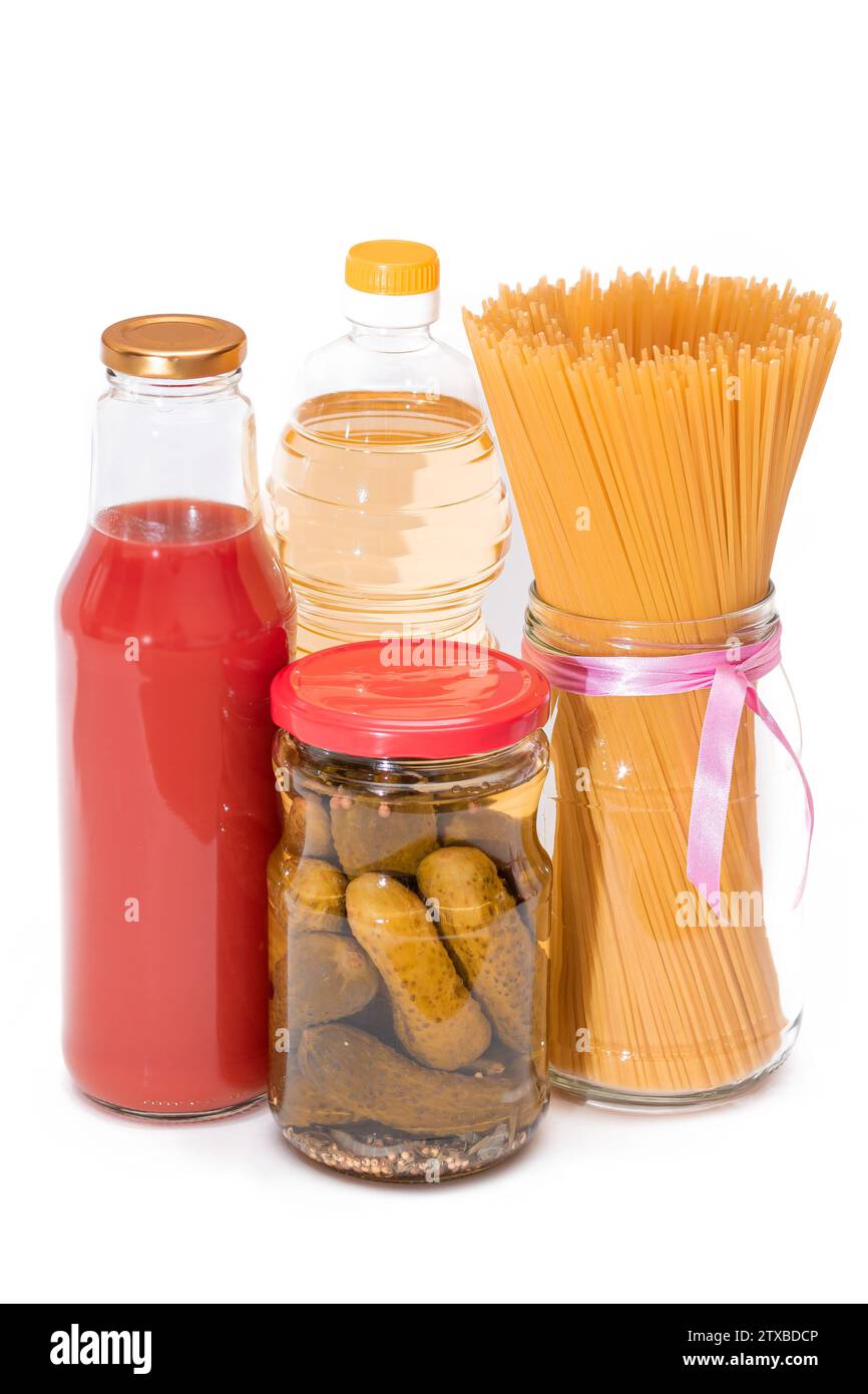 Food Reserves Canned Food, Spaghetti, Pickles and Tomato Juice
