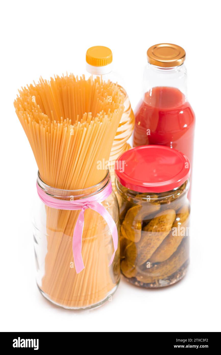 Food Reserves Canned Food, Spaghetti, Pickles and Tomato Juice