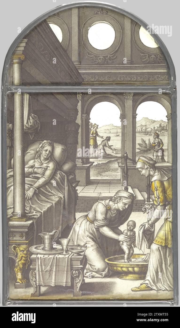 Birth of Moses, Dirck Pietersz. Crabeth, c. 1550 The birth of Moses (Exodus 2) consists of two parts. A rectangular glass panel with the main performance on it and a smaller panel with a round top on which the architecture of the large panel runs. On the left on the large panel, the mother of Moses is in childbirth, the child is washed on the right. In the background the scene where Moses, hidden in a basket, is put in the Nile. Antwerp glass The birth of Moses (Exodus 2) consists of two parts. A rectangular glass panel with the main performance on it and a smaller panel with a round top on wh Stock Photo