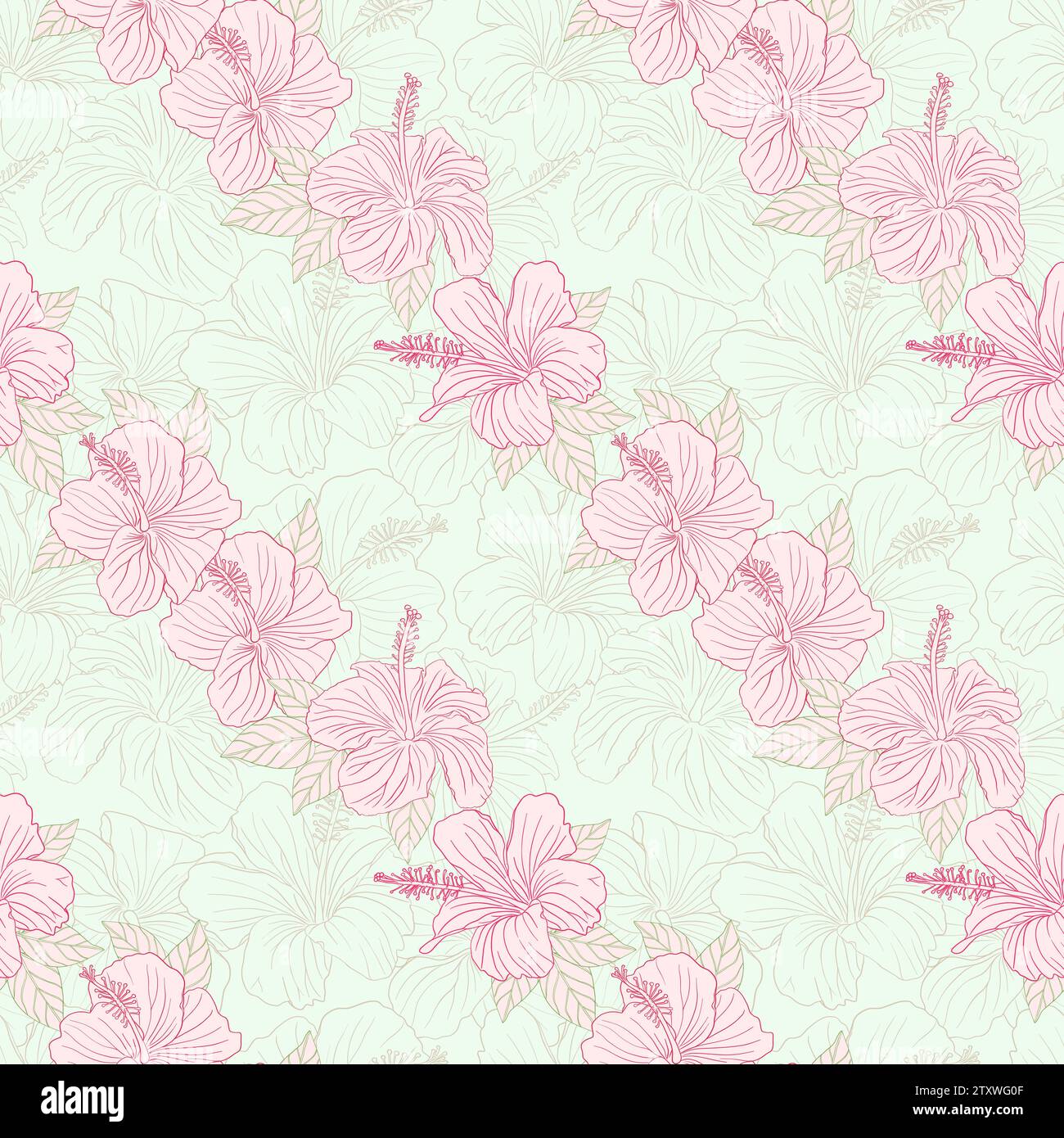 Hibiscus pink flower silhouette and line art seamless pattern for ...