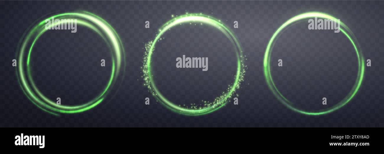 Green magic rings set, with glowing particles. Neon realistic energy flare halo ring. Abstract light effect on a dark transparent background. Vector Stock Vector