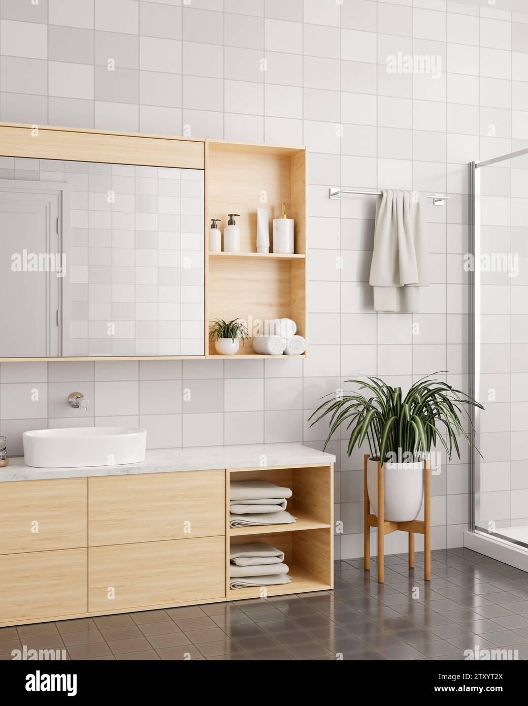 Interior design of a modern, minimal bathroom with a minimal wooden