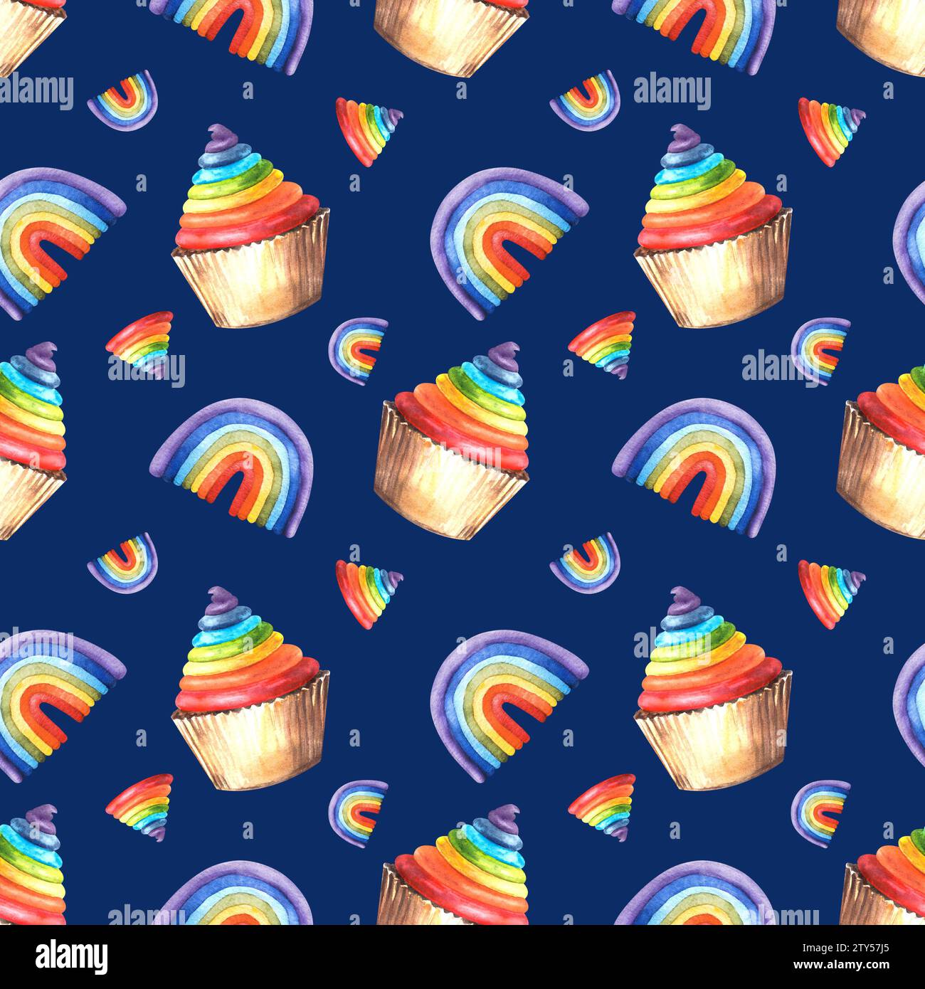 Rainbow cupcakes with multicoloured cream, icing, seamless pattern ...