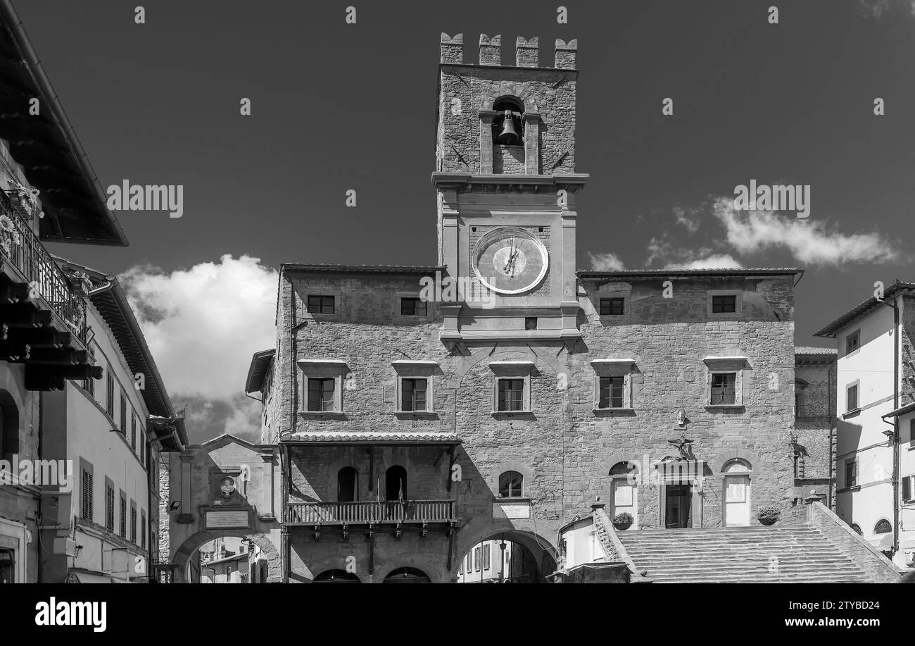 Piazza della Repubblica square in the historic center of Cortona, Arezzo, Italy, in black and white Stock Photo